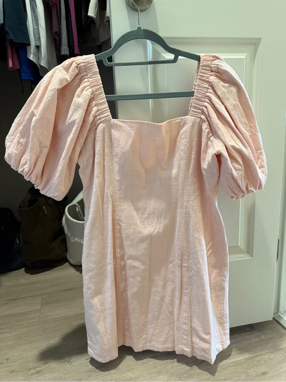 Blush Pink Puff-Sleeve Square-Neck Mini Dress